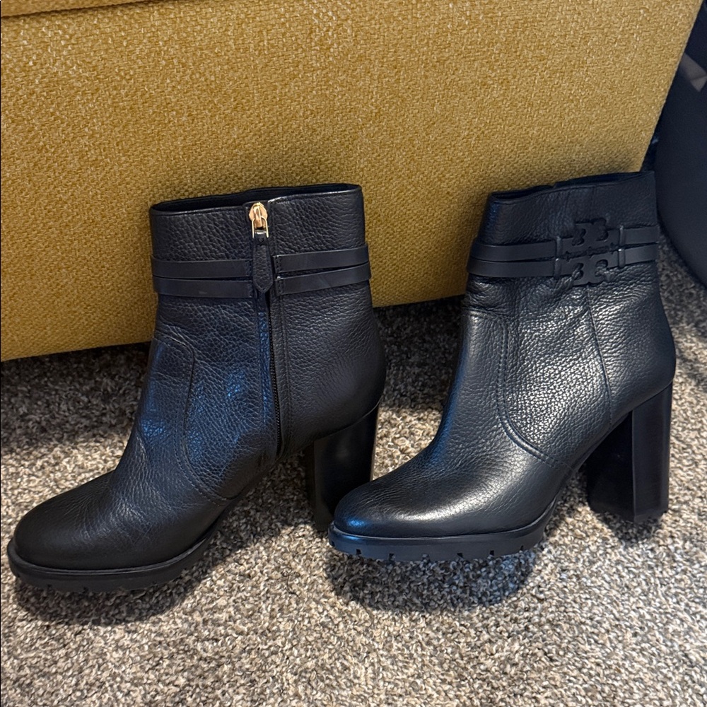 Tory Burch Black Leather Block Heel Ankle Boot with Logo Strap - Picture 6 of 7